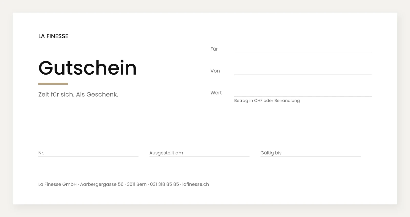 Gutschein von La Finesse mit Feldern für Name, Wert und Gutscheinnummer